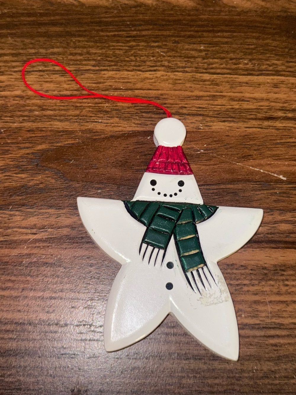 Vintage Snowman Star Christmas Ornament 5.5” Green Scarf Red Hat Holiday Decor